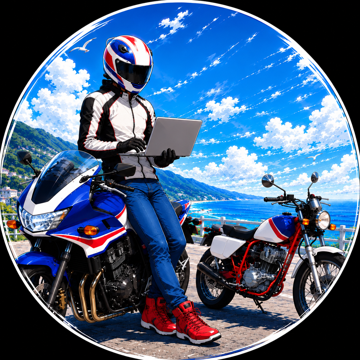 顔を隠したヘルメット姿で、バイクとノートパソコンを描いた風牙のアバター